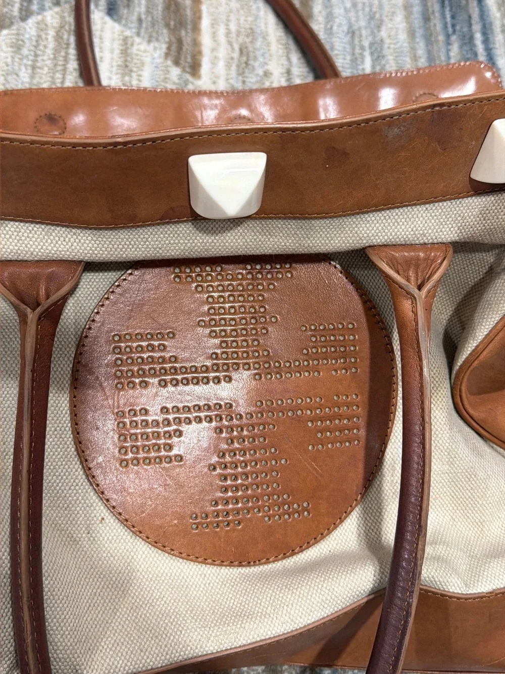 Tory Burch Cream Canvas and Tan Leather Tote
